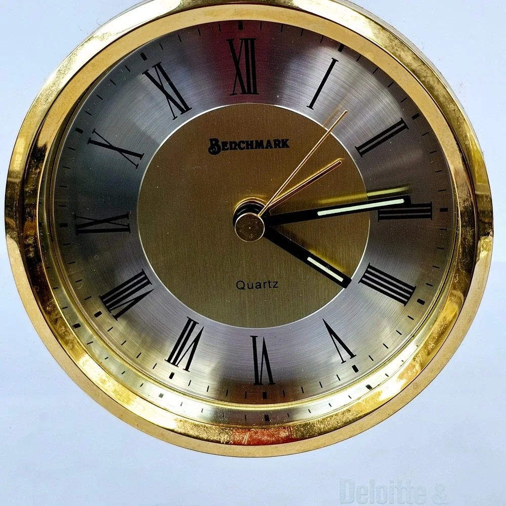 Vintage Benchmark Quartz Desk Clock Gold Tone Glass Harland Deloitte Fifty Years